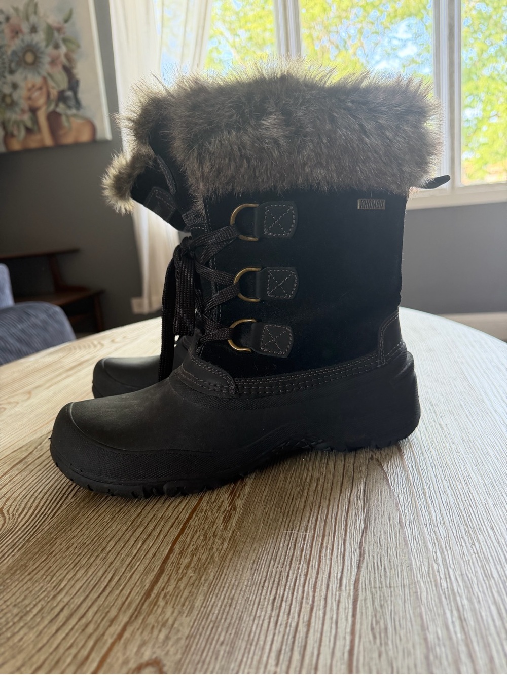 Khombu Black Faux-Fur Lace-Up Winter Rain Boots